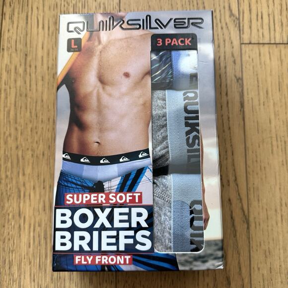Quicksilver 3 Pack Men’s Super Soft Boxer Briefs Fly Front Tag Free, NWT Size L - Picture 1 of 4